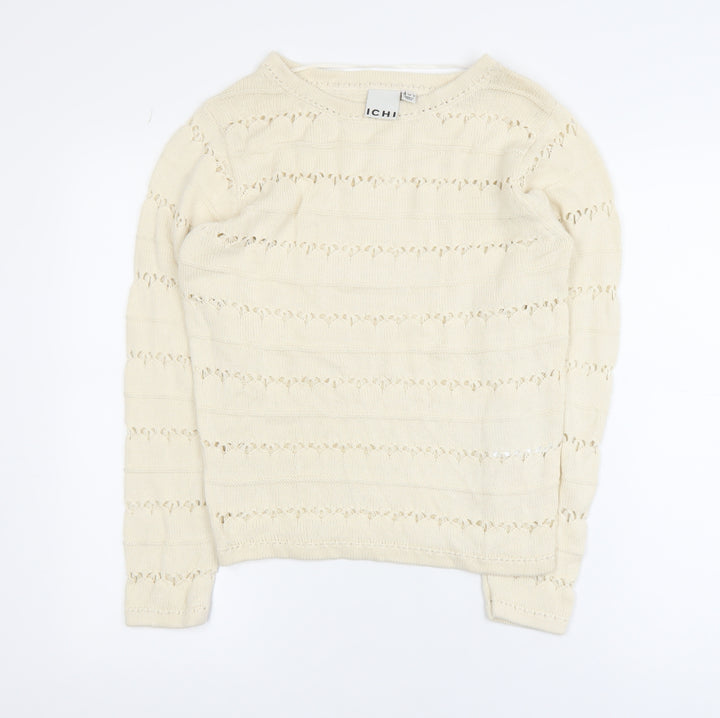 ICHI Women's Beige Open-Knit Cotton Jumper XS Lightweight Pullover