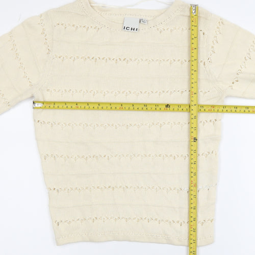 ICHI Women's Beige Open-Knit Cotton Jumper XS Lightweight Pullover