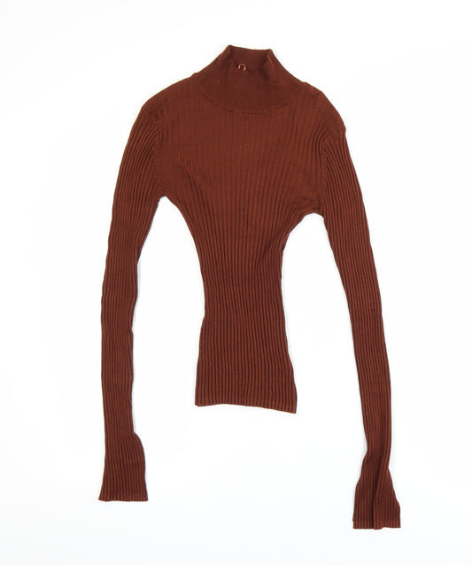 Threadbare Women Brown Roll Neck Tall Slim Fit Rib Knit Top Size 6