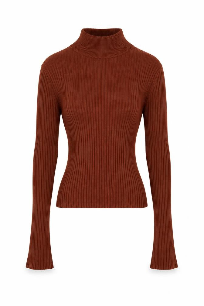 Front view of Threadbare Women Brown Roll Neck Tall Slim Fit Rib Knit Top, size 6