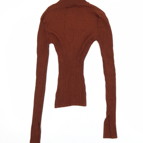 Threadbare Women Brown Roll Neck Tall Slim Fit Rib Knit Top Size 6