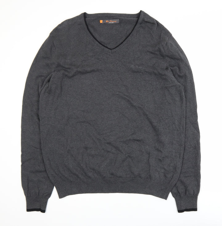 Ben Sherman Men's Grey Cotton V-Neck Pullover Jumper XL