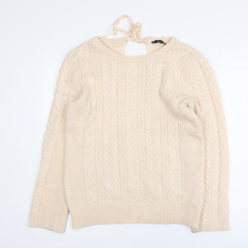 Zara Women Beige Cable-Knit Crew Neck Pullover Jumper Size L