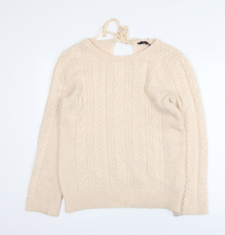 Zara Women Beige Cable-Knit Crew Neck Pullover Jumper Size L