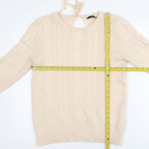 Zara Women Beige Cable-Knit Crew Neck Pullover Jumper Size L