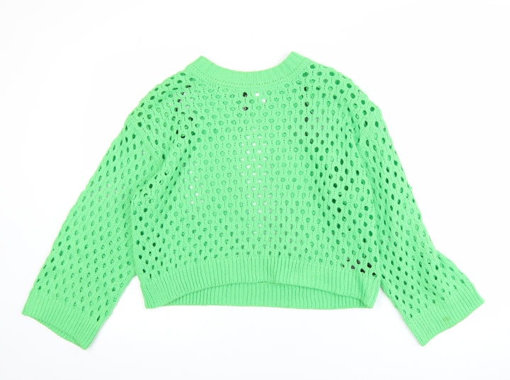 H&M Women Green Open-Knit Acrylic Pullover Jumper Size 12