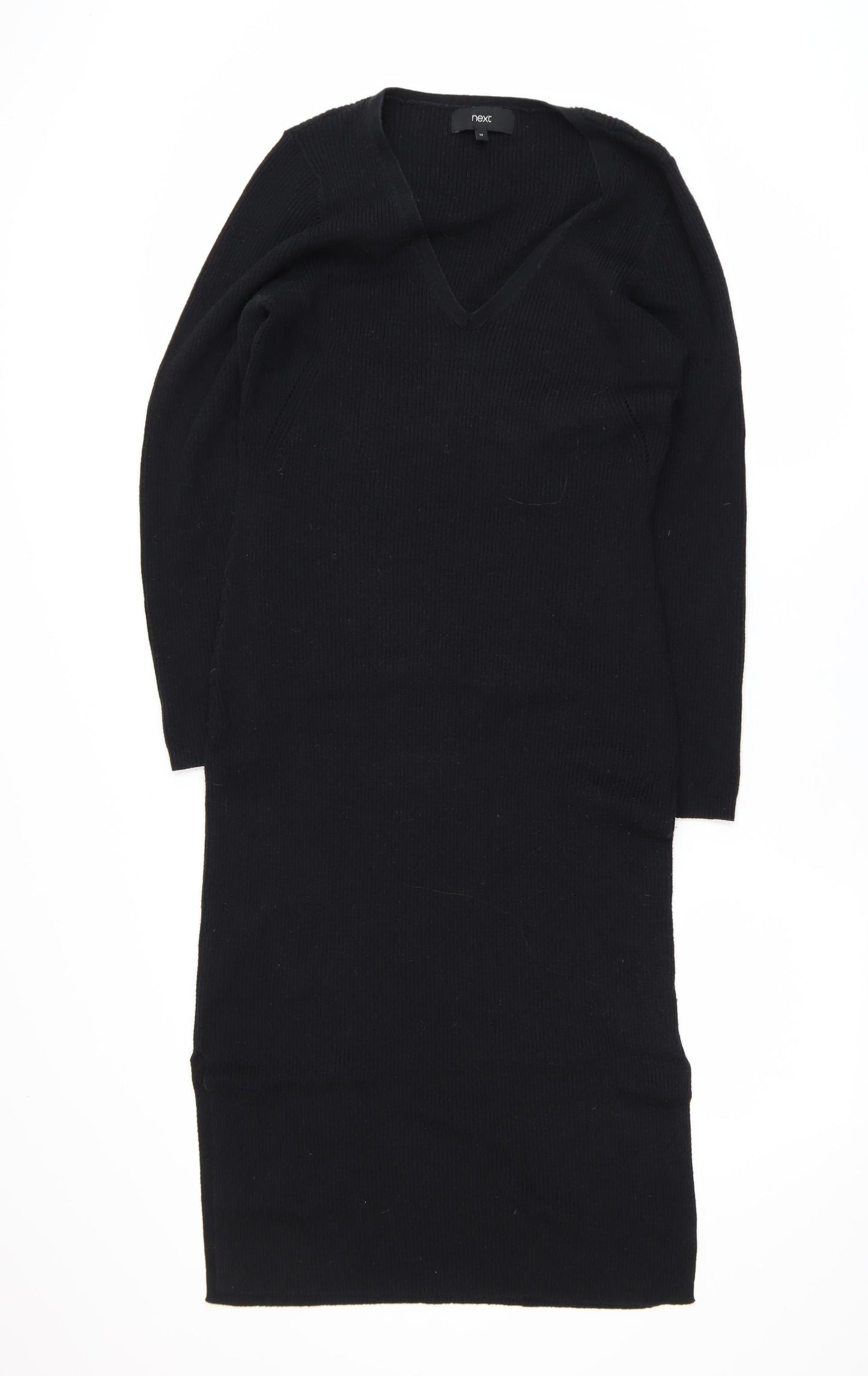 Next Women’s Black Knit Bodycon V-Neck Long Sleeve Dress Size 14