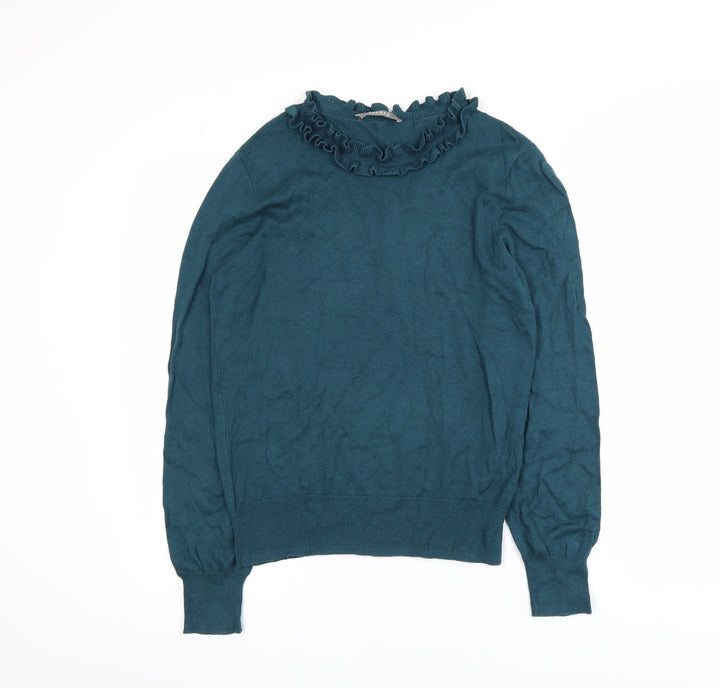 Oasis Women Green Long Sleeve Ruffle High Neck Knit Blouse M