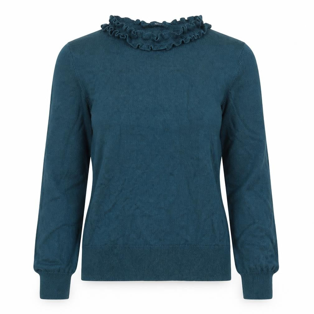 Oasis Women Green Long Sleeve Ruffle High Neck Knit Blouse M