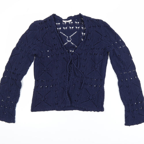 Tu Women Blue Crochet Knit Long Sleeve V-Neck Cardigan Size 8