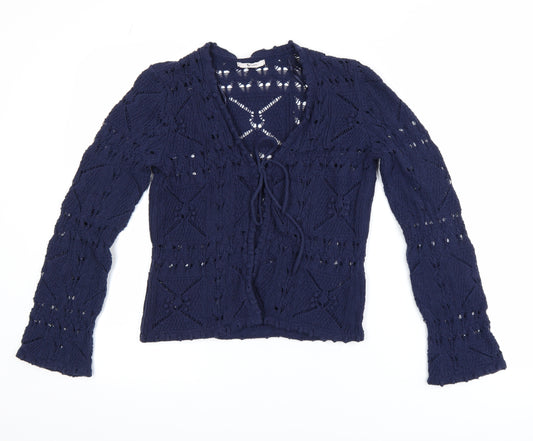 Tu Women Blue Crochet Knit Long Sleeve V-Neck Cardigan Size 8