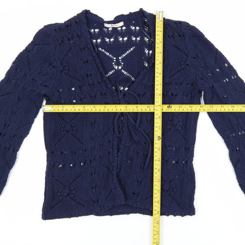 Tu Women Blue Crochet Knit Long Sleeve V-Neck Cardigan Size 8