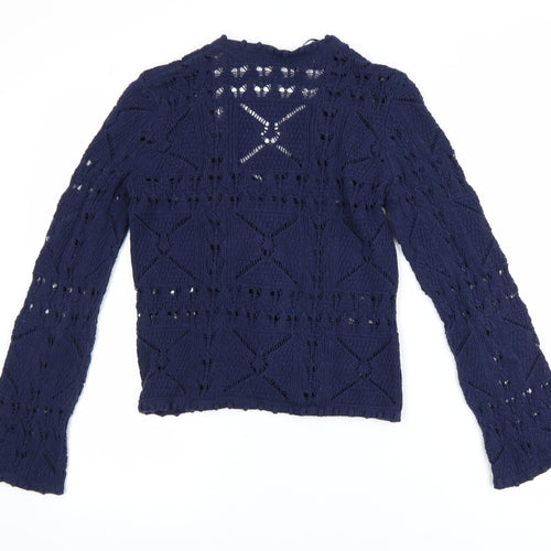 Tu Women Blue Crochet Knit Long Sleeve V-Neck Cardigan Size 8