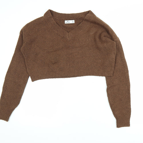 Hollister Women Brown XS V-Neck Knit Cropped Pullover Jumper