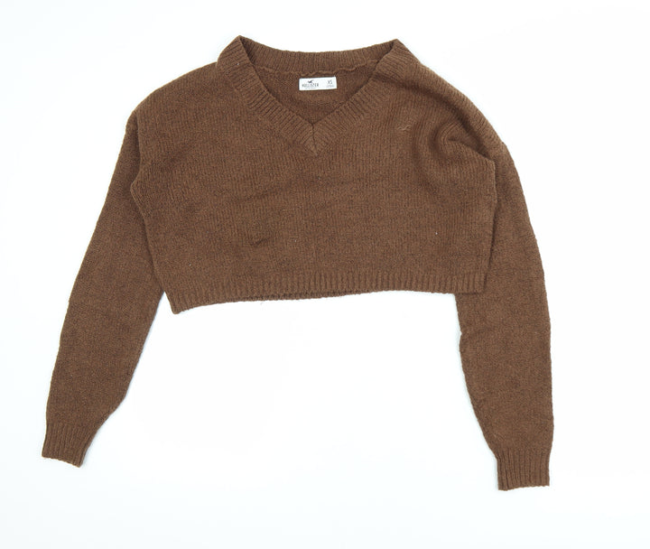 Hollister Women Brown XS V-Neck Knit Cropped Pullover Jumper