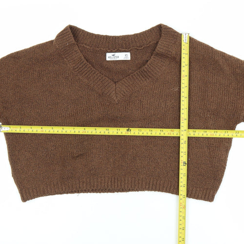 Hollister Women Brown XS V-Neck Knit Cropped Pullover Jumper