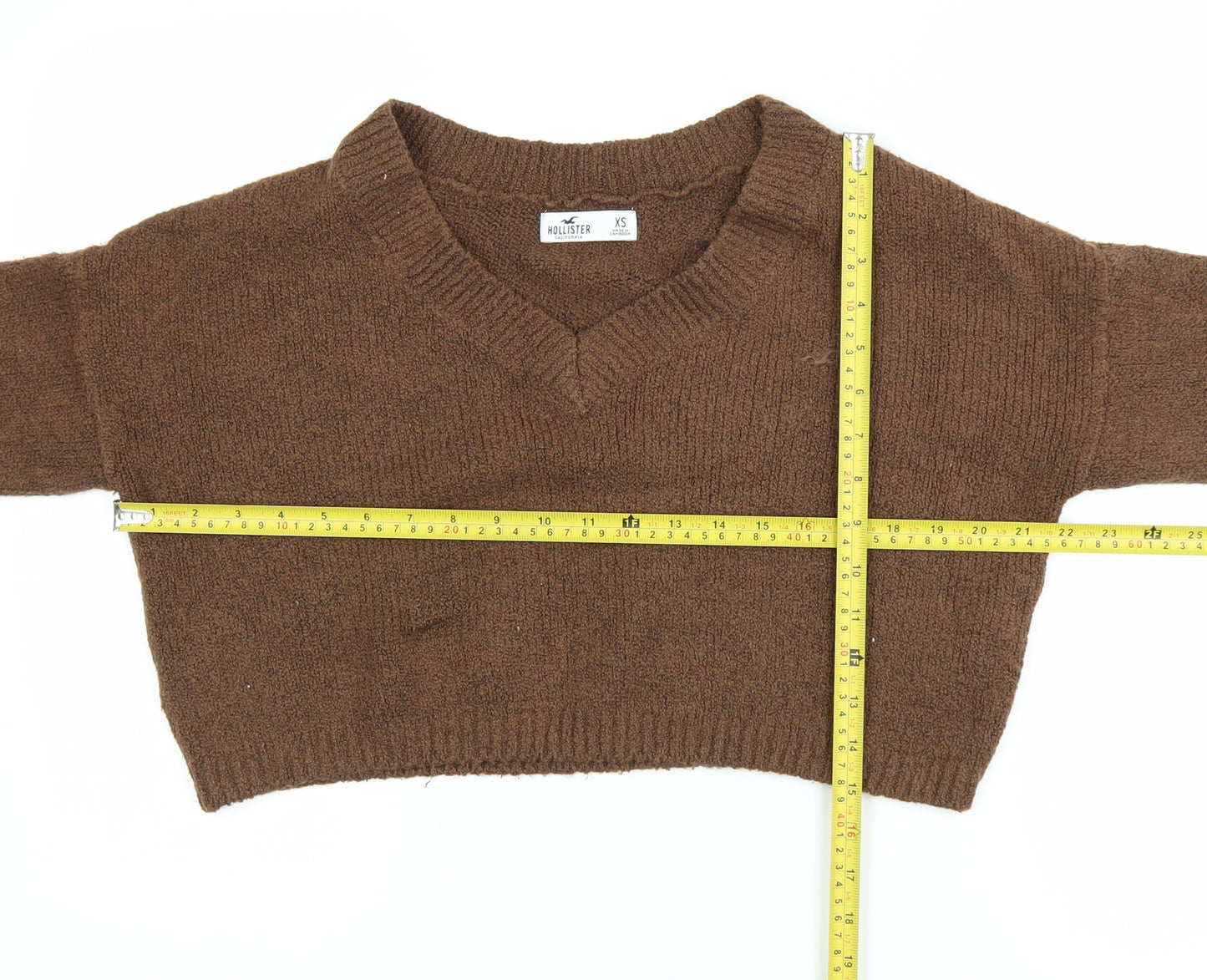 Hollister Women Brown XS V-Neck Knit Cropped Pullover Jumper