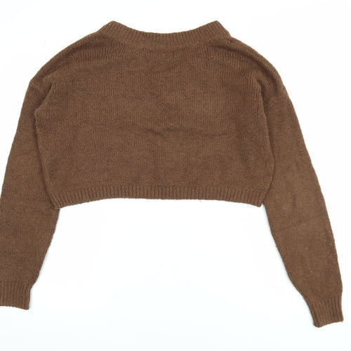 Hollister Women Brown XS V-Neck Knit Cropped Pullover Jumper