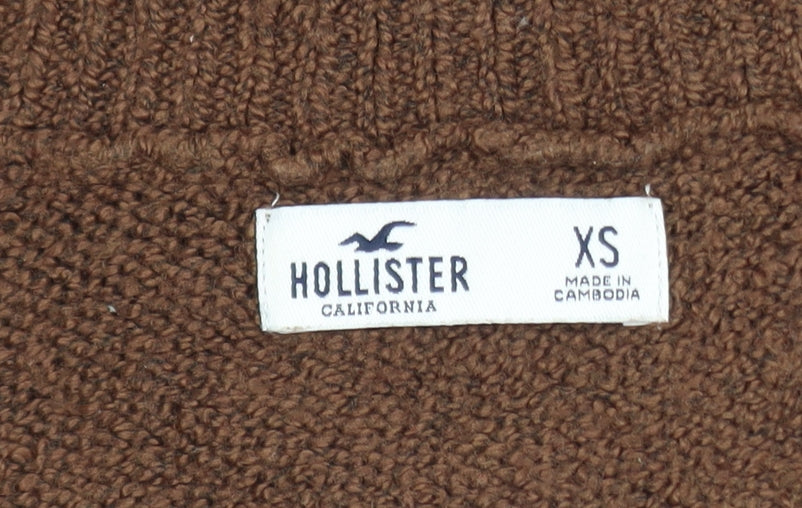 Hollister Women Brown XS V-Neck Knit Cropped Pullover Jumper