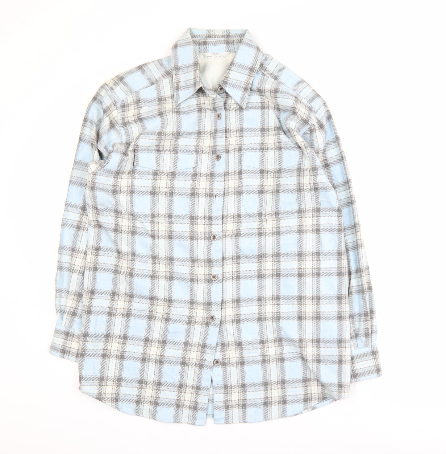 Marks and Spencer Men's Blue Plaid Flannel Long Sleeve Shirt M