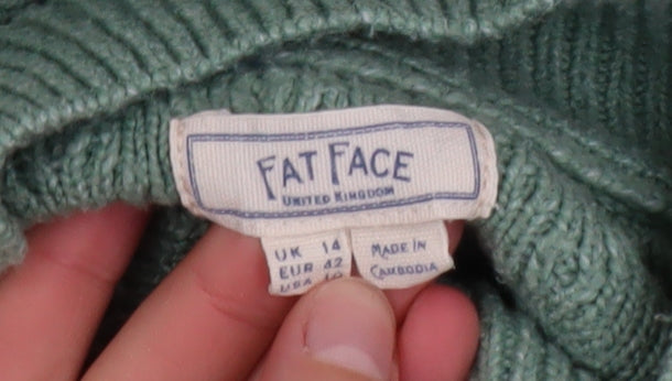 Fat Face Women Green Mock Neck Cable-Knit Jumper Size 14