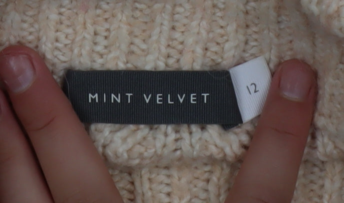 Mint Velvet Women’s Beige Cable-Knit Mock Neck Jumper Size 12