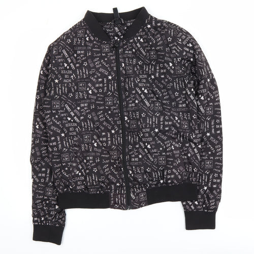 Flame Womens Black Printed Bomber Jacket Size 14 Polyester Zip Up