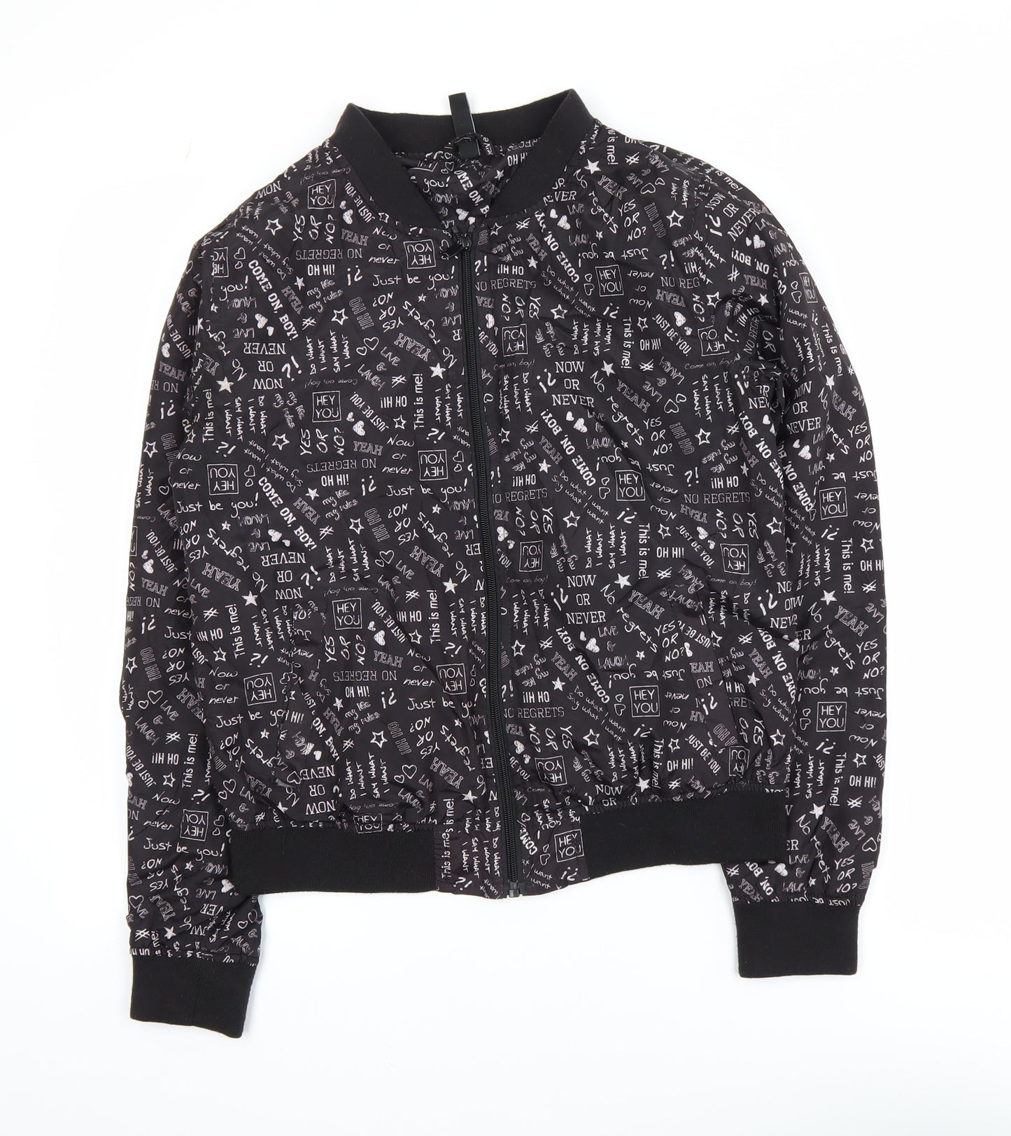 Flame Womens Black Printed Bomber Jacket Size 14 Polyester Zip Up