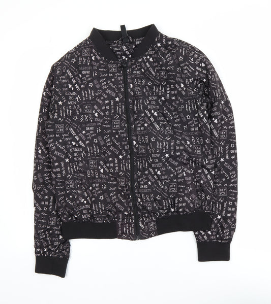 Flame Womens Black Printed Bomber Jacket Size 14 Polyester Zip Up