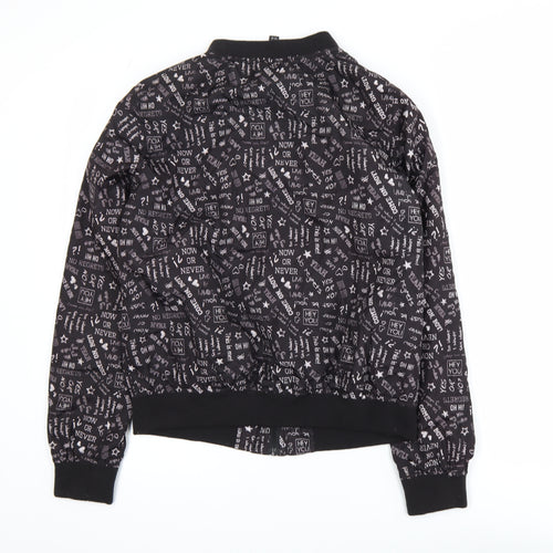 Flame Womens Black Printed Bomber Jacket Size 14 Polyester Zip Up