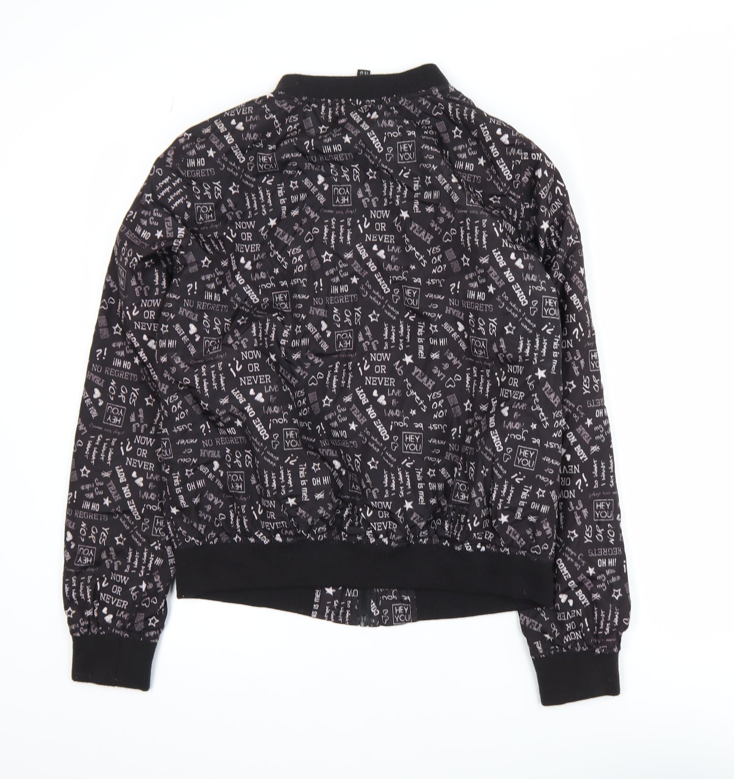 Flame Womens Black Printed Bomber Jacket Size 14 Polyester Zip Up