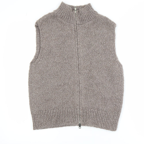 Marks and Spencer Women Beige Chunky Knit Full Zip Sleeveless Vest S