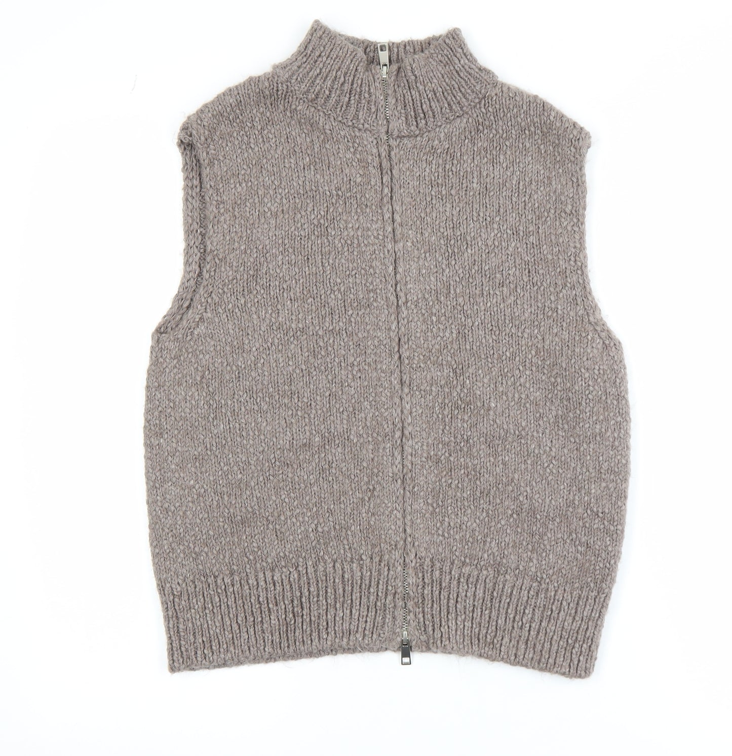 Marks and Spencer Women Beige Chunky Knit Full Zip Sleeveless Vest S