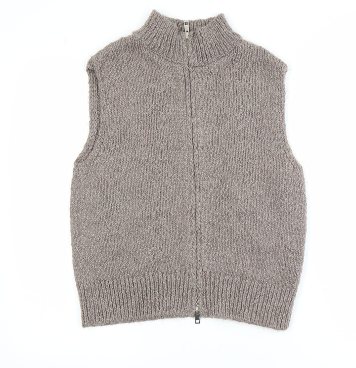 Marks and Spencer Women Beige Chunky Knit Full Zip Sleeveless Vest S