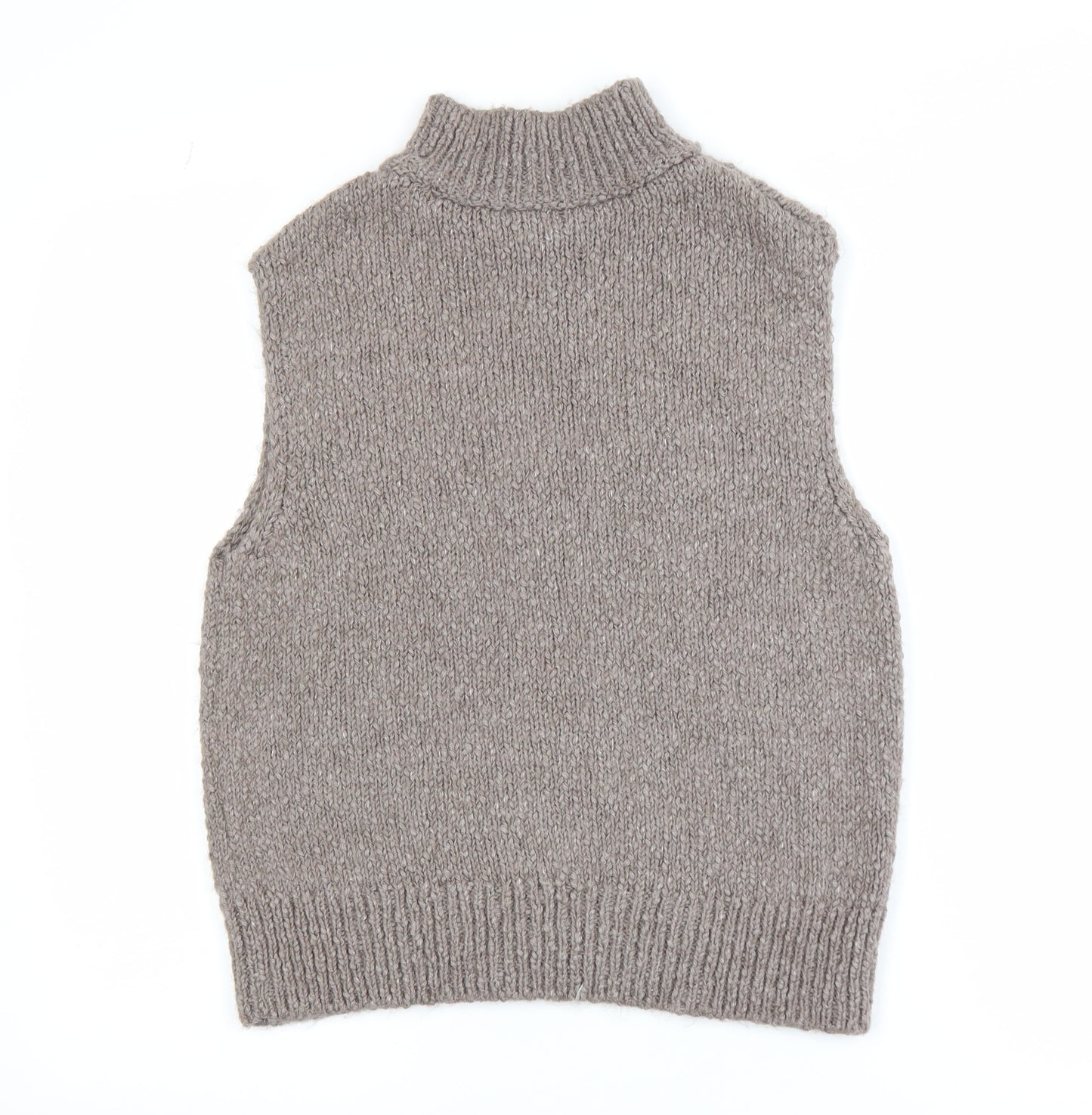 Marks and Spencer Women Beige Chunky Knit Full Zip Sleeveless Vest S
