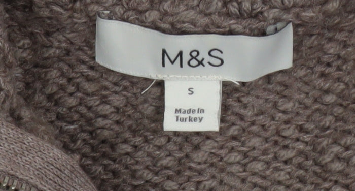 Marks and Spencer Women Beige Chunky Knit Full Zip Sleeveless Vest S