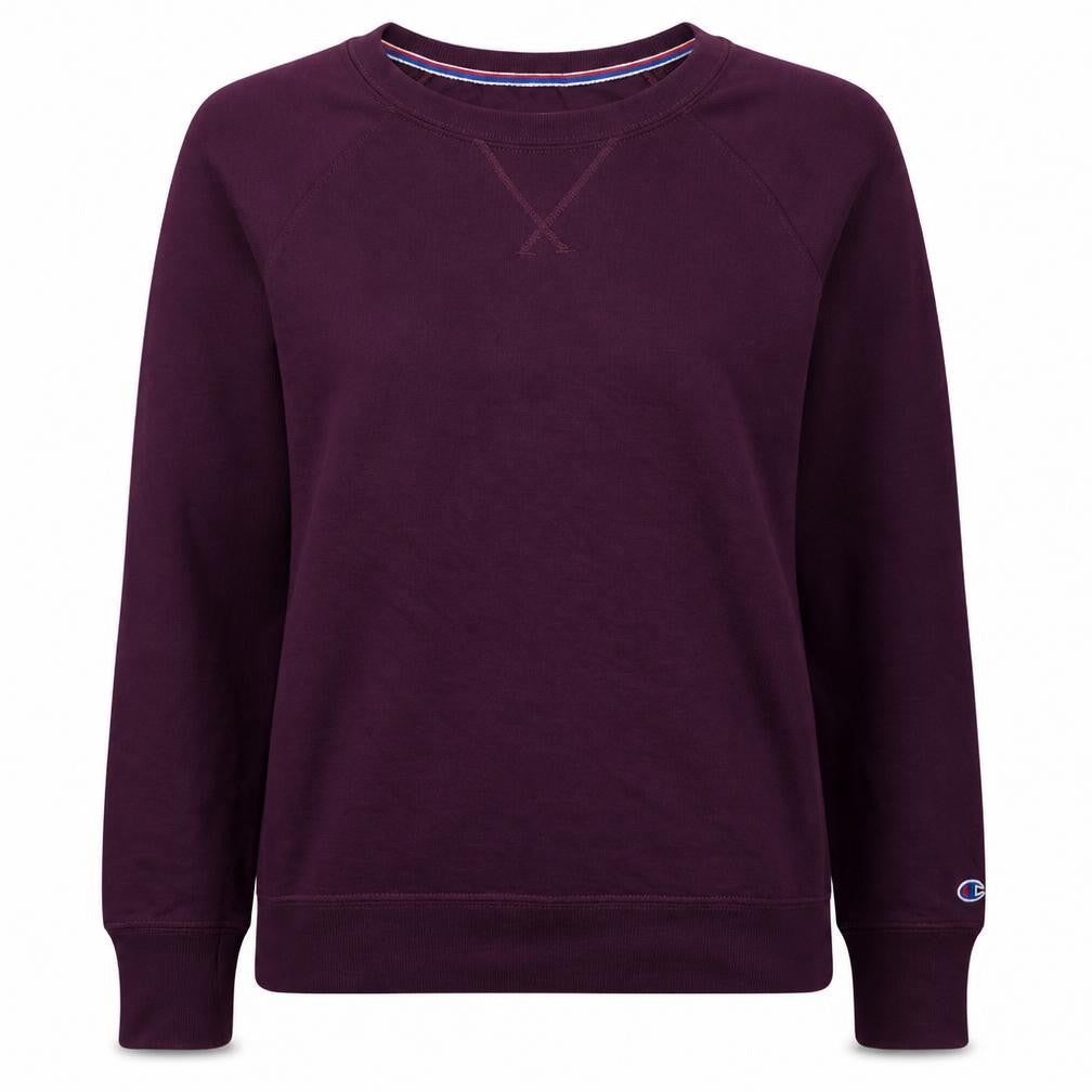 Front view of Champion Women's Purple Crew Neck Pullover Sweatshirt, size S