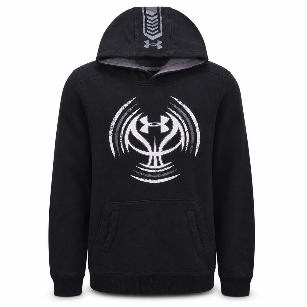 Front view of Under Armour Men's Black Pullover Hoodie, size S, Relaxed Fit Sportswear