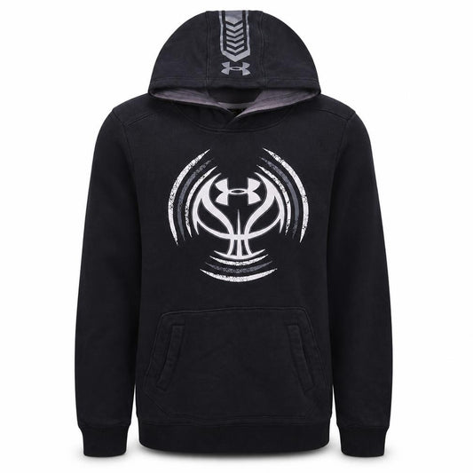 Front view of Under Armour Men's Black Pullover Hoodie, size S, Relaxed Fit Sportswear