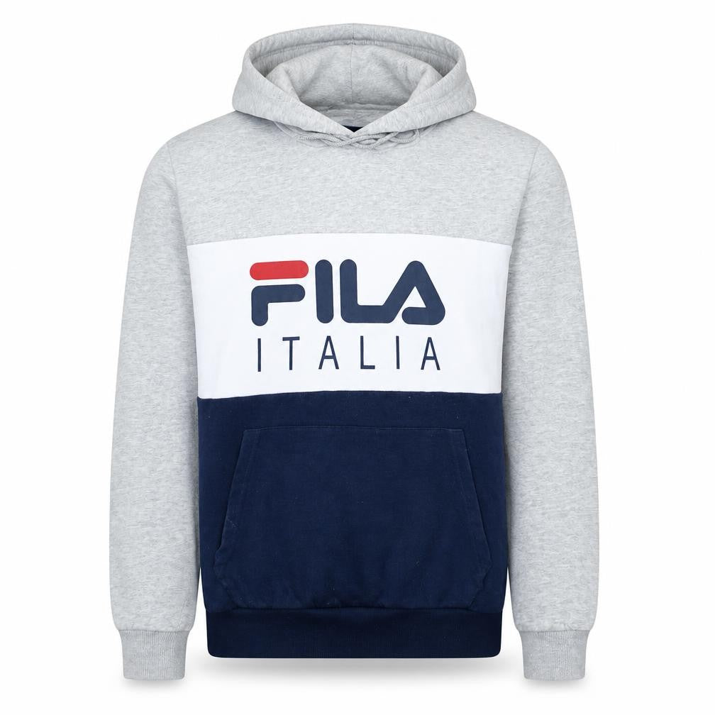 Front view of Fila Men’s Grey Pullover Hoodie Small Logo Fleece Sweatshirt