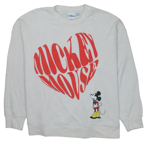 Disney Women White Mickey Mouse Heart Print Sweatshirt XL