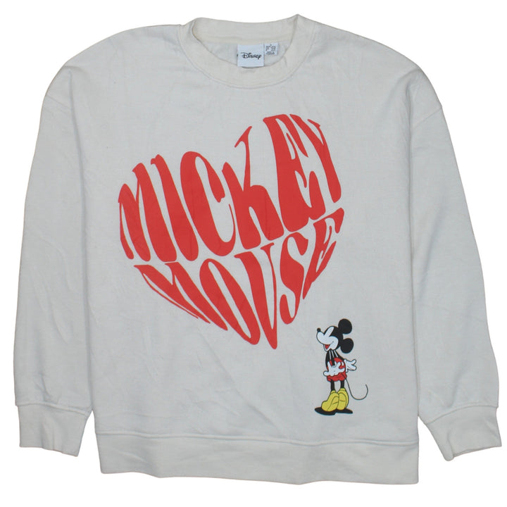 Disney Women White Mickey Mouse Heart Print Sweatshirt XL