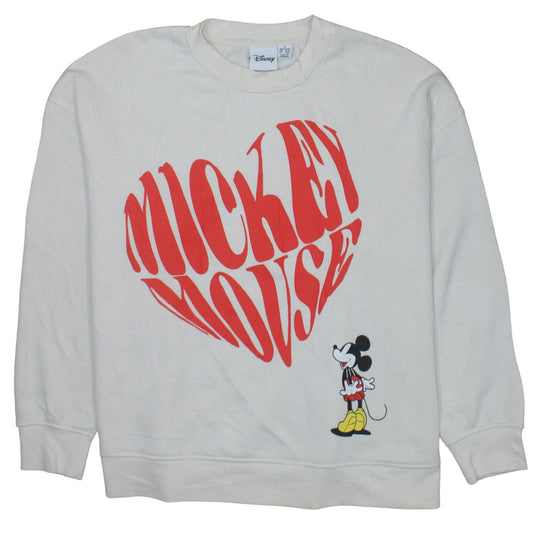 Disney Women White Mickey Mouse Heart Print Sweatshirt XL