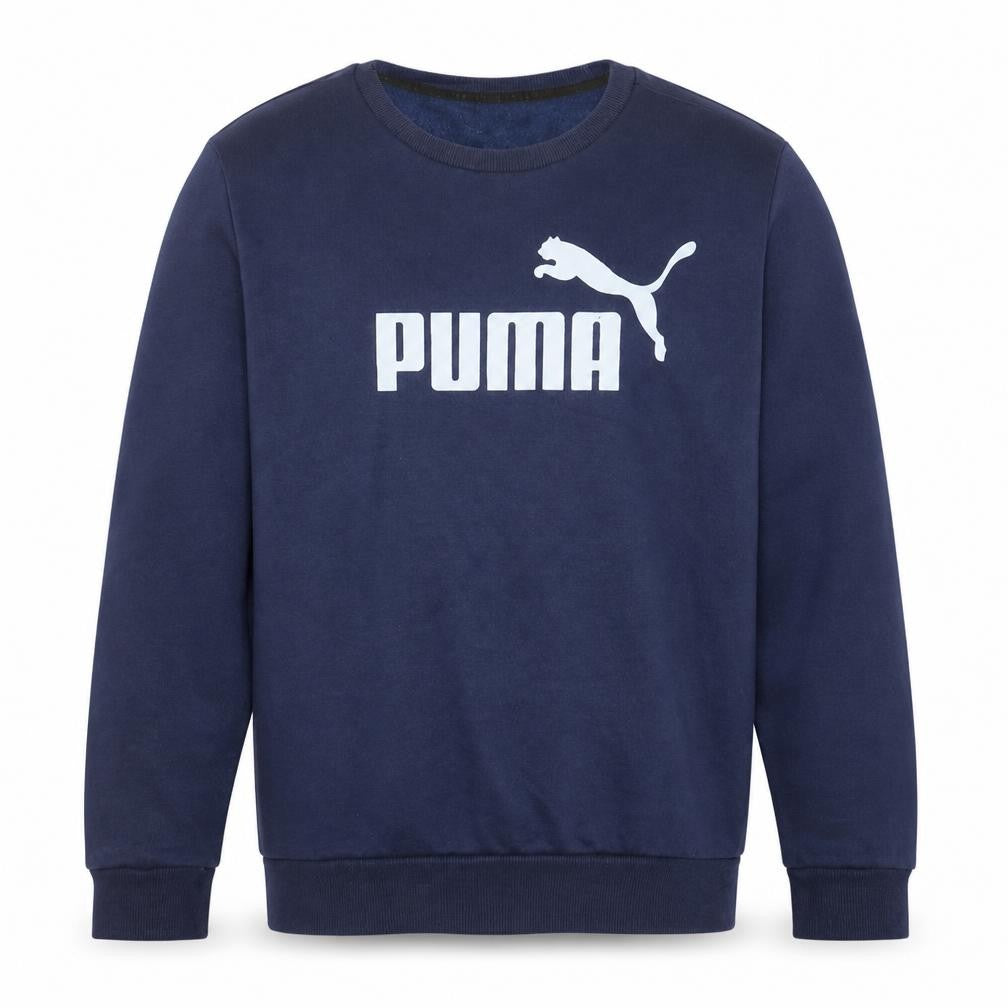 Front view of Puma men’s blue crew neck logo sweatshirt m regular fit pullover