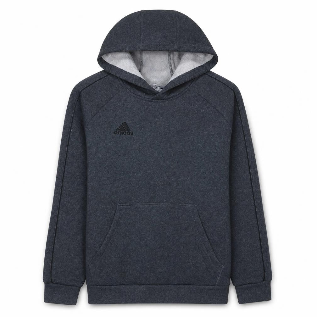 Front view of Adidas boys’ grey fleece pullover hoodie, size 13-14, years