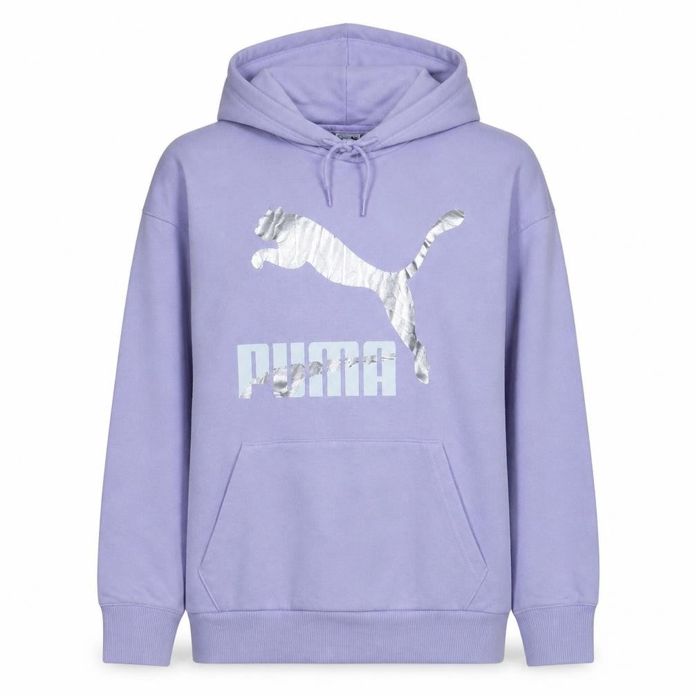 Front view of Puma Women’s Purple Hoodie Small Pullover Silver Logo Casual