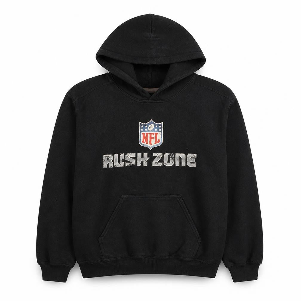 Front view of Gildan men’s black rush zone nfl graphic pullover hoodie, size S