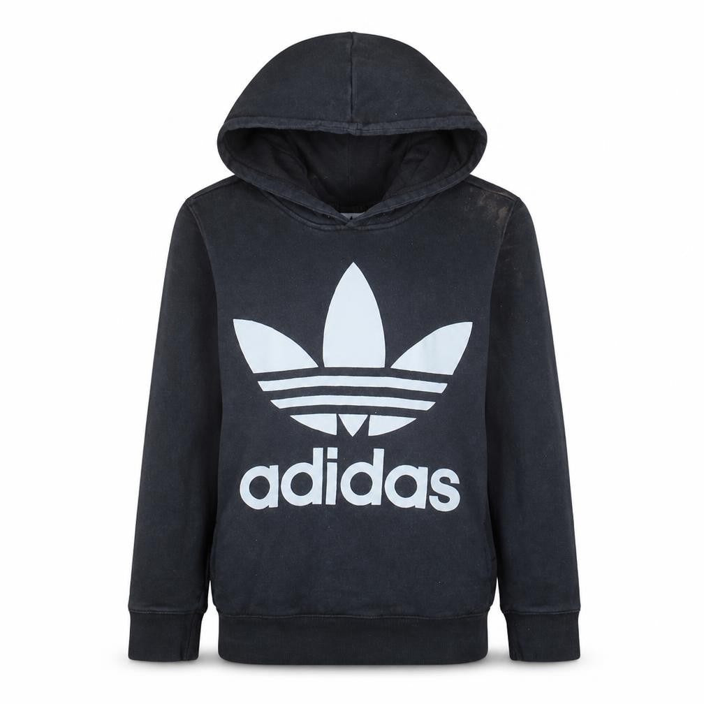 Front view of Adidas women’s black trefoil logo pullover hoodie, size UK 10