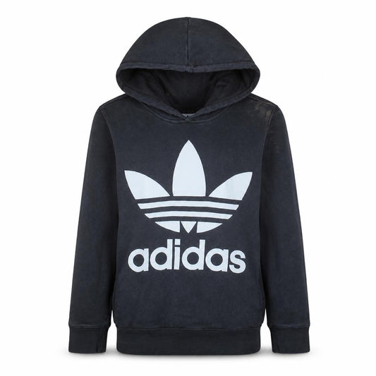 Front view of Adidas women’s black trefoil logo pullover hoodie, size UK 10