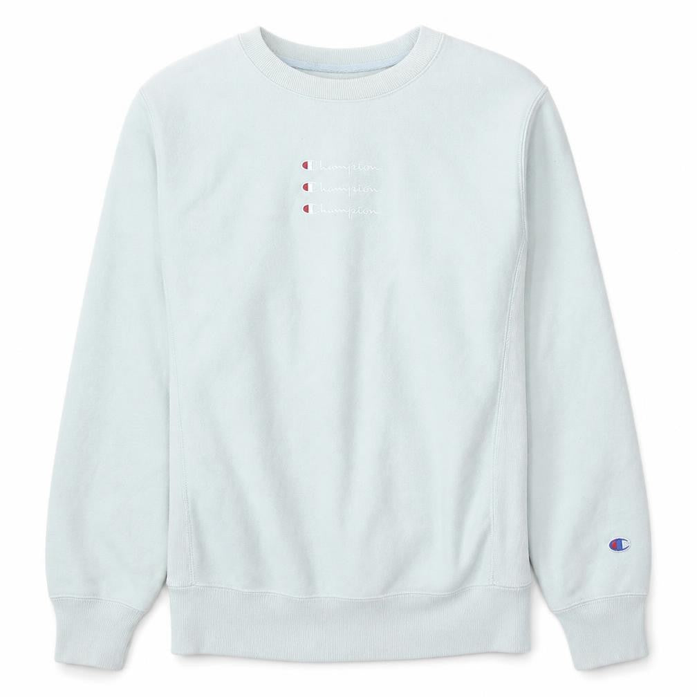 Front view of Champion Men's White Small Pullover Sweatshirt Embroidered Logo